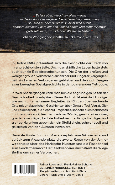 Coverrückseite - Leonhardt - Schurich - Berliner Mord-Geschichten I - ISBN 978-3-89574-935-3 - Verlag Dr. Köster