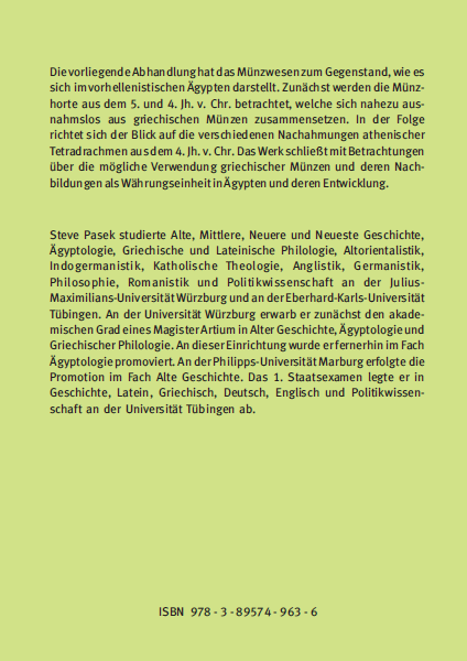 Coverrückseite - Steve Pasek - Das Münzwesen im vorhellenistischen Ägypten - Verlag Dr. Köster - ISBN 978-3-89574-963-6
